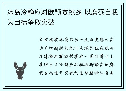 冰岛冷静应对欧预赛挑战 以磨砺自我为目标争取突破