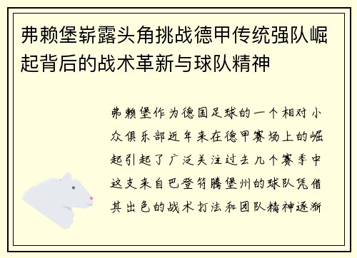弗赖堡崭露头角挑战德甲传统强队崛起背后的战术革新与球队精神
