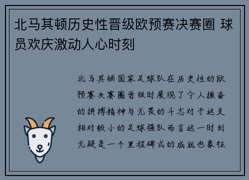北马其顿历史性晋级欧预赛决赛圈 球员欢庆激动人心时刻