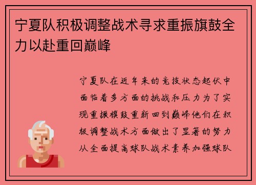 宁夏队积极调整战术寻求重振旗鼓全力以赴重回巅峰