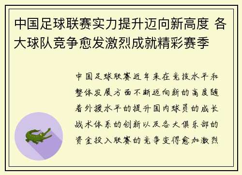 中国足球联赛实力提升迈向新高度 各大球队竞争愈发激烈成就精彩赛季