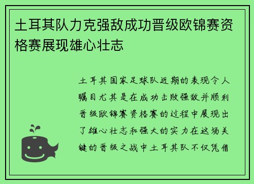 土耳其队力克强敌成功晋级欧锦赛资格赛展现雄心壮志